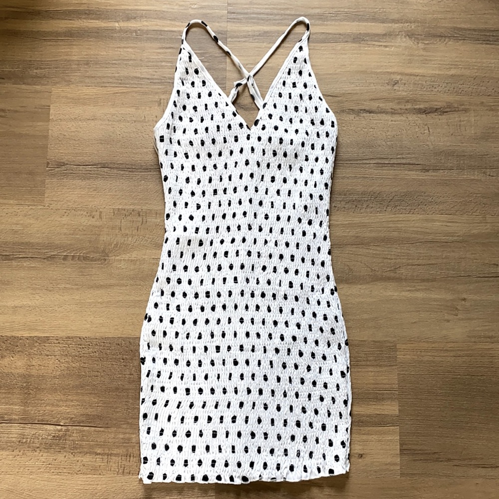 Mura Boutique smocked polka dot white dress 8